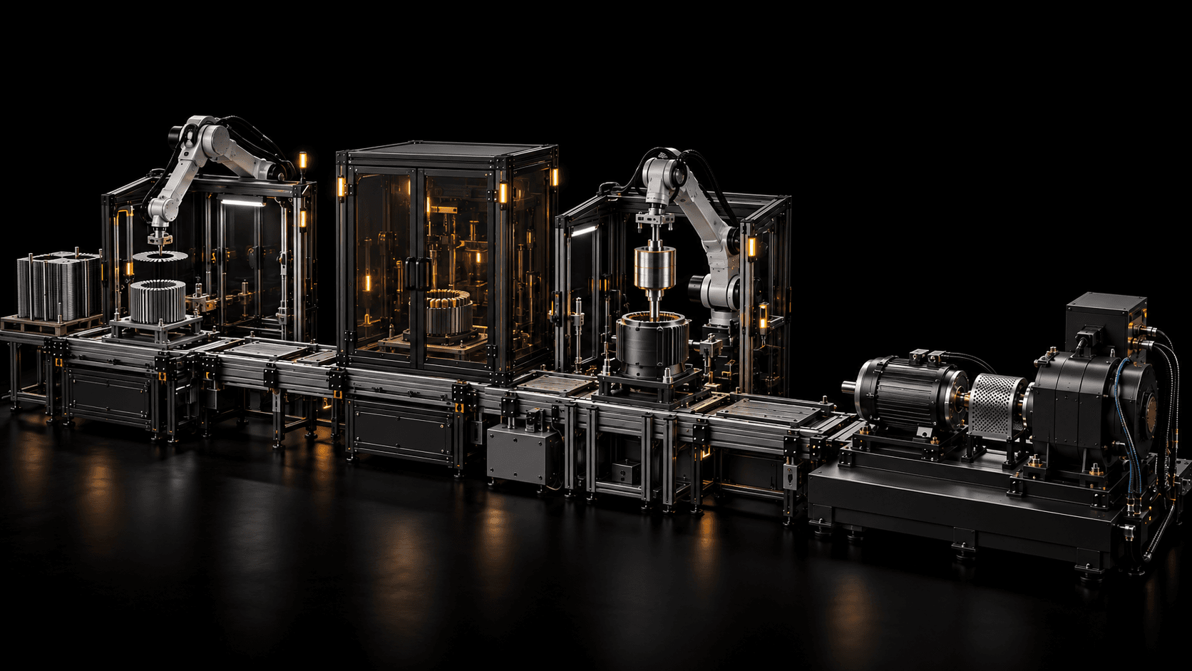 Automated production line assembling an electric motor in a dark factory